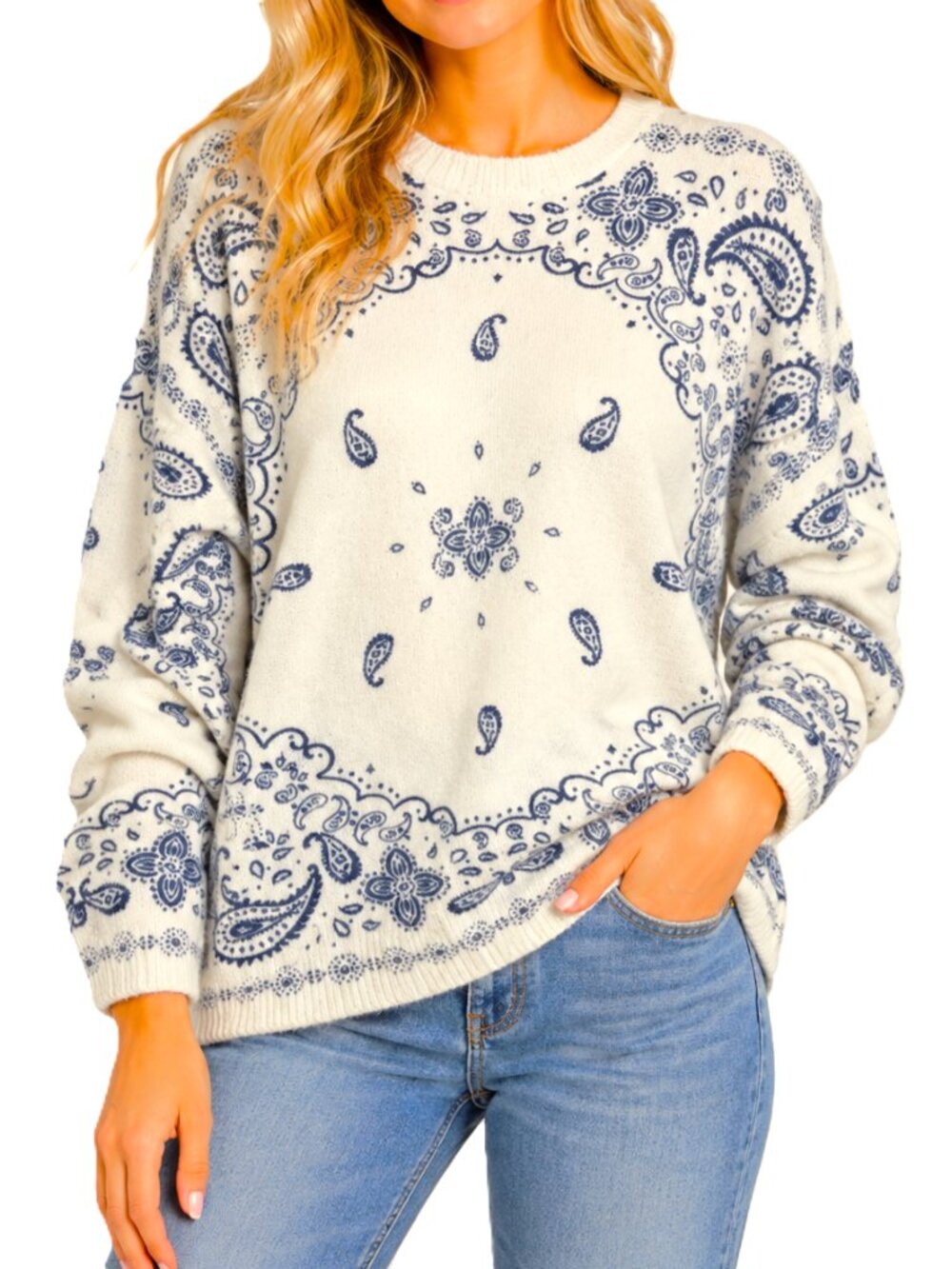 Vince Camuto Paisley Sweater NWT Womens XL White Blue Bandana Knit Pullover Top